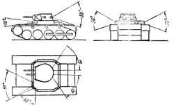 Фиг. 15. Танк Т-1. Пространство у танка вне поля зрения: водитель - щель передняя 4,6 м, щель влево - 3,7 м. Башня — щель 5,9 м